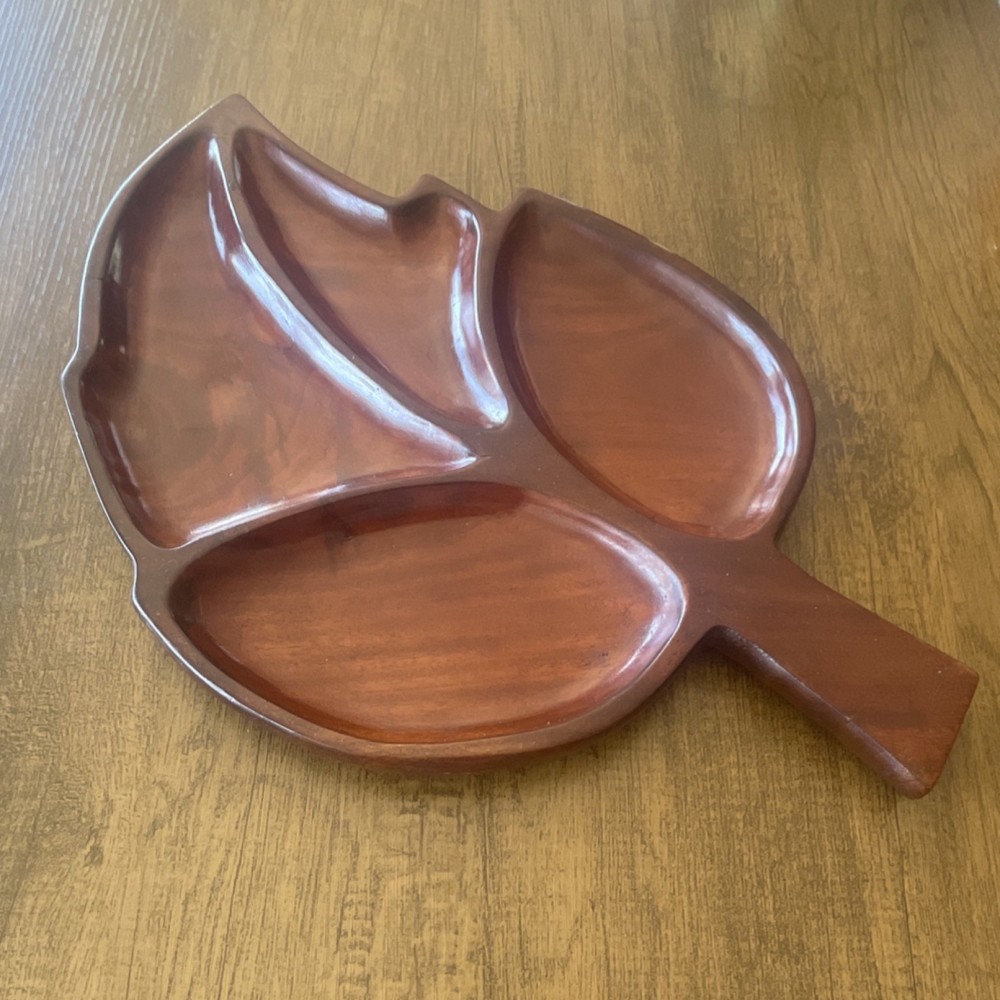 Wood Leaf Shaped Serving Tray with 3 Compartments, Glossy Medium Brown