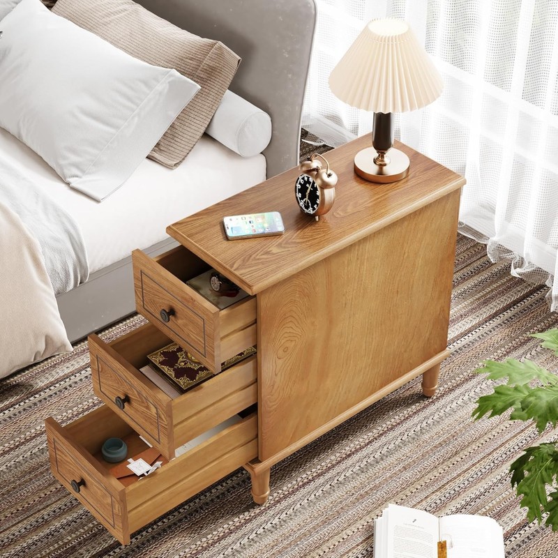 Solid Wood End Table, Fully Assembled Narrow Slim Side Table with 3 Drawers gallery