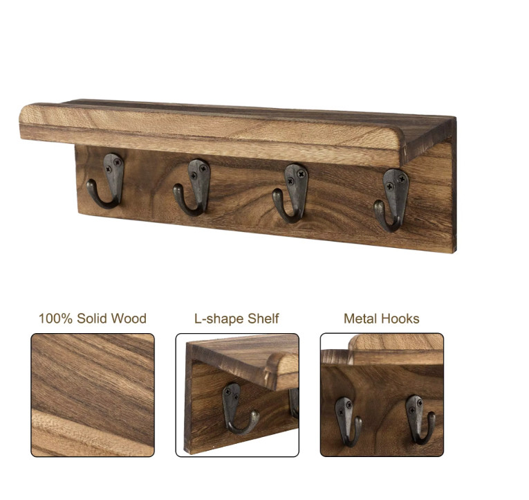Rustic Key Holder for Wall, Farmhouse Wall Shelf with 4 Hooks, Wall Mounted Key gallery
