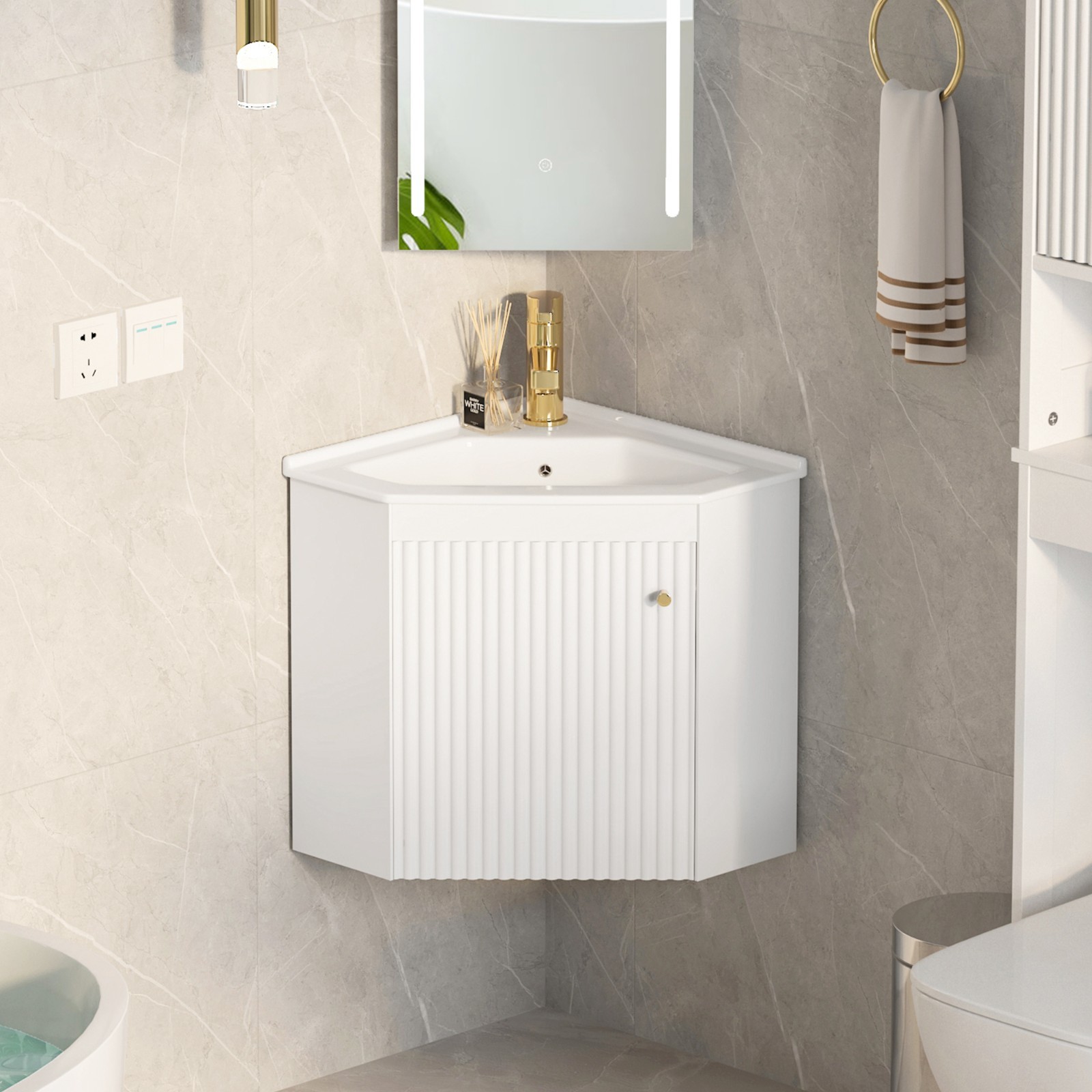 Corner Bathroom Vanity Sink Wall Mounted Combo for Small Space White Ceramic Top gallery