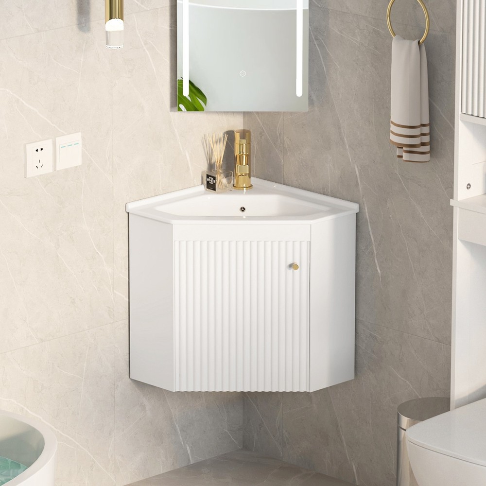 Corner Bathroom Vanity Sink Wall Mounted Combo for Small Space White Ceramic Top