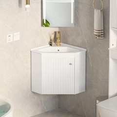 Corner Bathroom Vanity Sink Wall Mounted Combo for Small Space White Ceramic Top