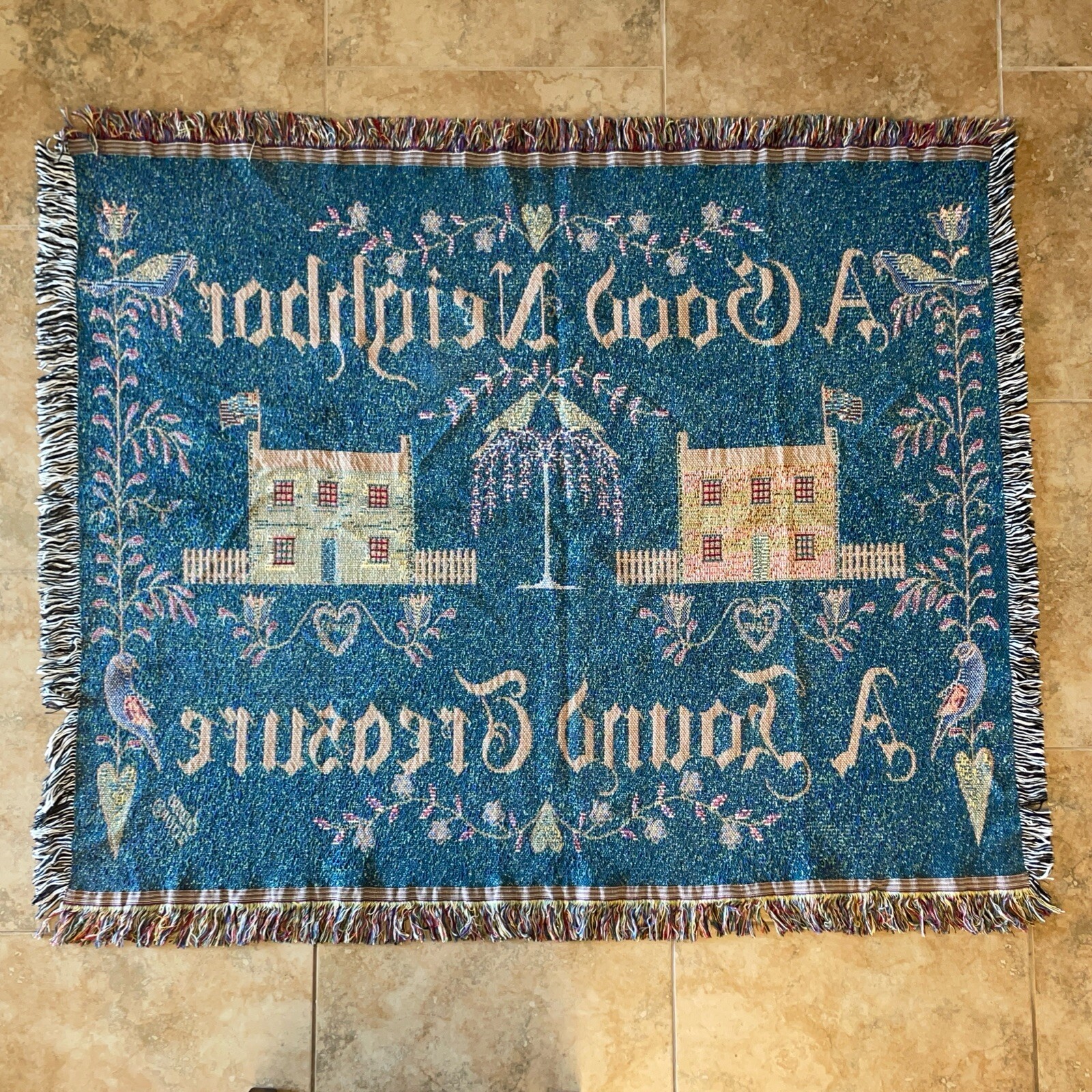 Chair Throw Blanket Knit "Good Neighbor A Found Treasure" Tapestry Floral 51x42 gallery