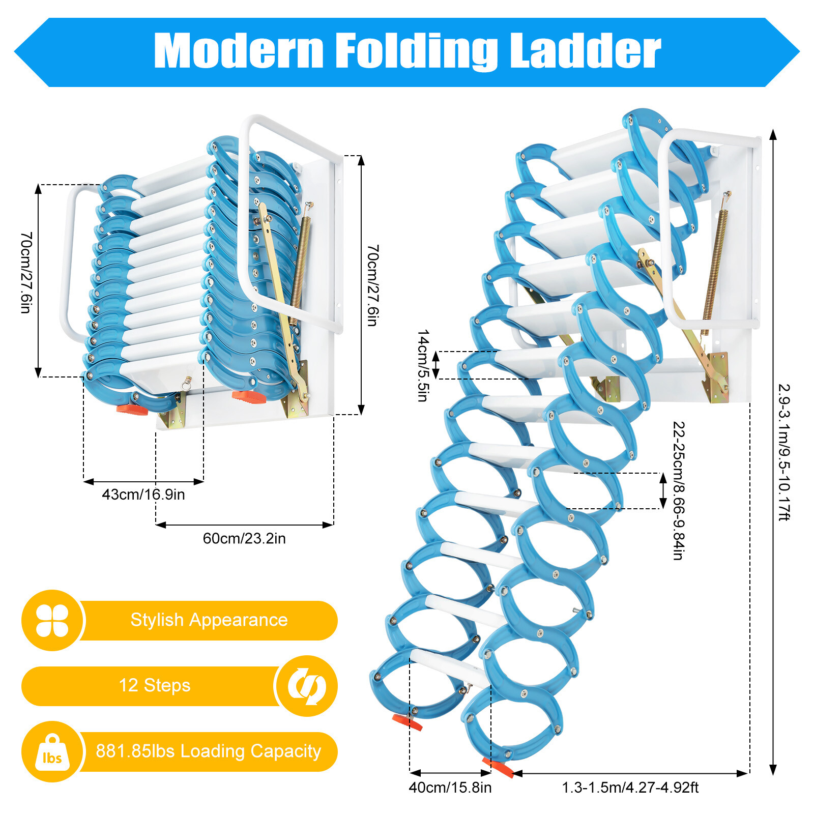 10.17ft Height Attic Ladder Loft Steps Stairs Ladder Folding Pull Down Stairs gallery