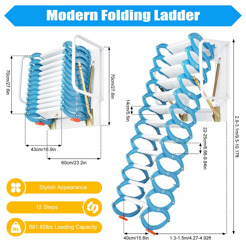 ??12 Steps Loft Wall Folding Pulldown Attic Ceiling Ladder Stairs 1102.3 lbs gallery