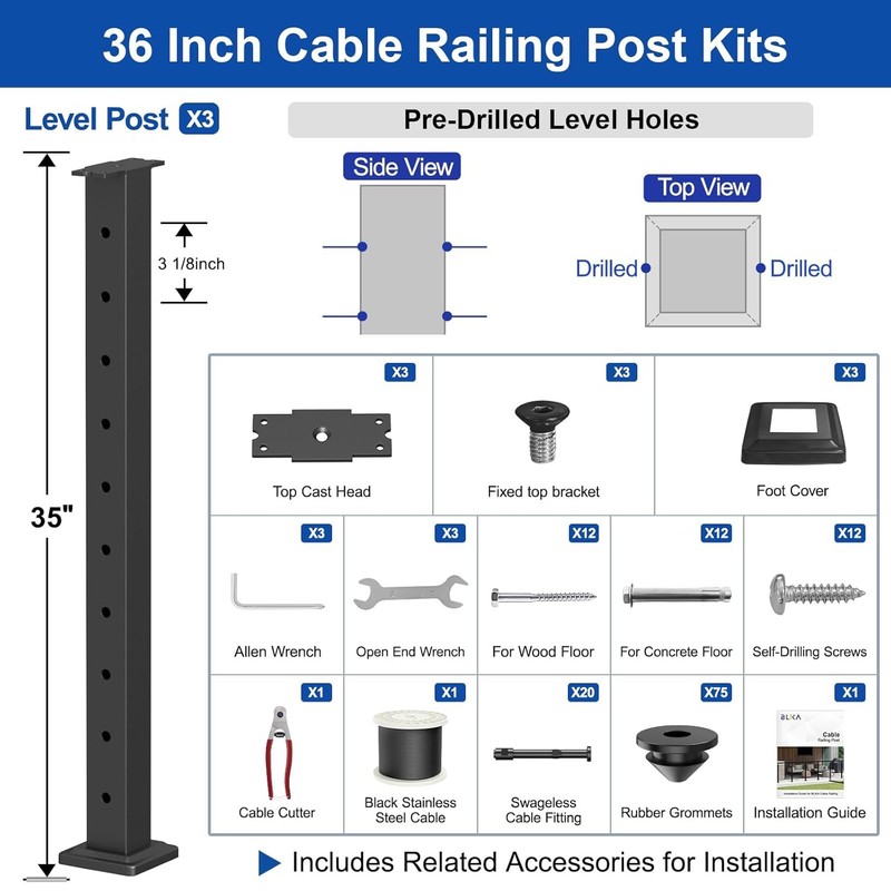 8-16FT Cable Railing Kit 36" Black Level Posts Swageless System 200FT 1/8" Stain gallery