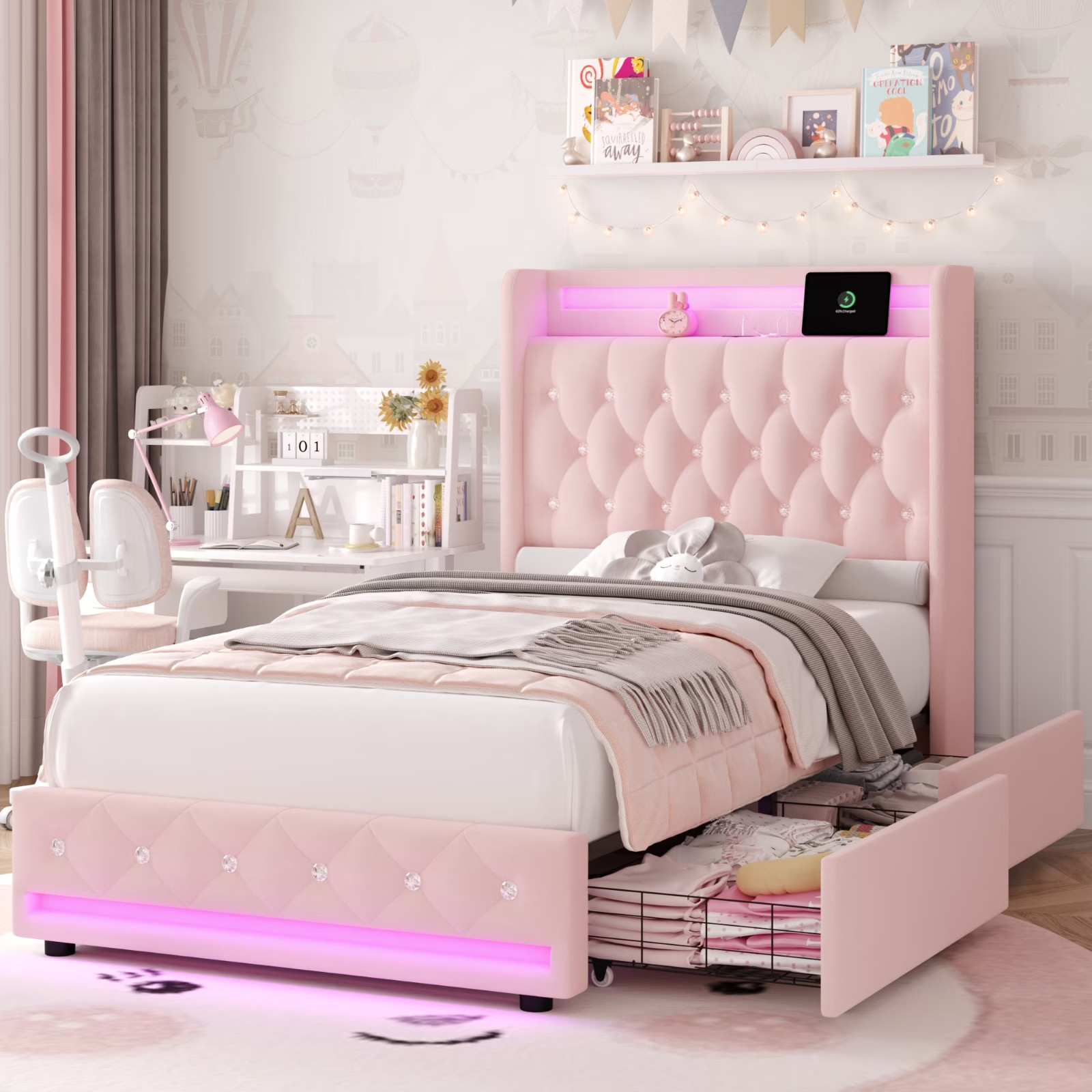 Twin Size Bed Frame Velvet Pink LED Toddler Kid Girl Bedroom Cama Para Niña gallery