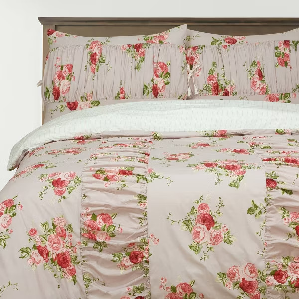 Full/Queen Ruched Comforter Set Pink Floral Harlow & Wren NEW gallery