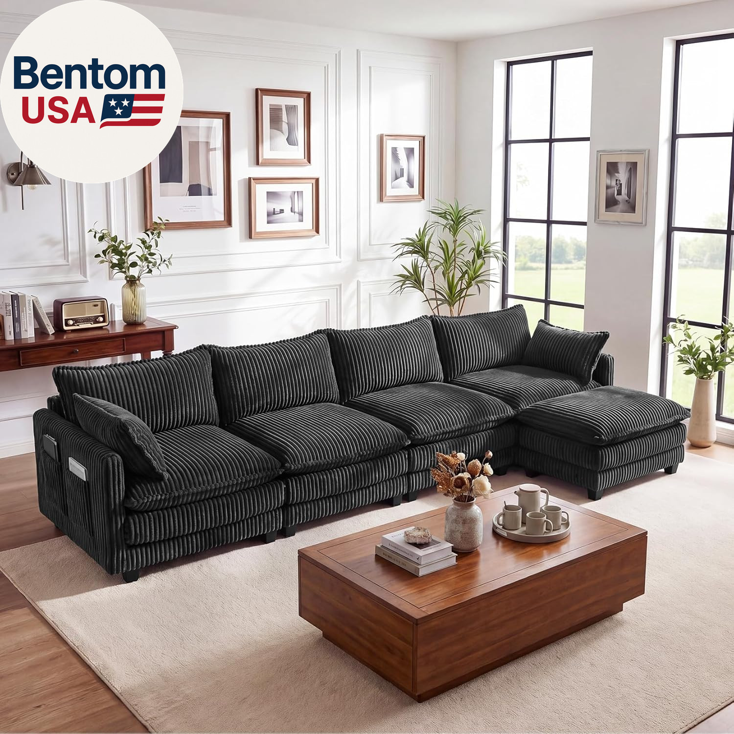 143" L Shaped Modular Sectional Couch, Comfy Corduroy Upholstered Cloud Couches gallery