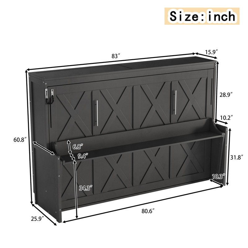 Full Size Murphy Bed with Foldable Desk Hydraulic Lift Wall Bed Dark Gray 83x59x gallery