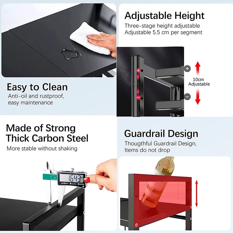 Expandable Microwave Stand with Hooks, Metal Kitchen Counter Shelf Organizer gallery