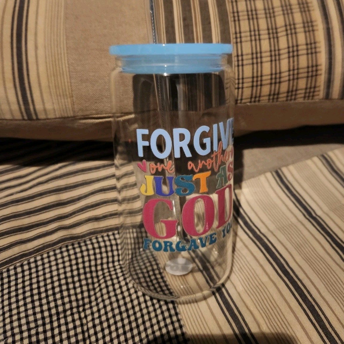 Glass/Plastic Inspirational Quote Tumbler 18 Oz Cup w/ Blue Lid & Straw Round gallery