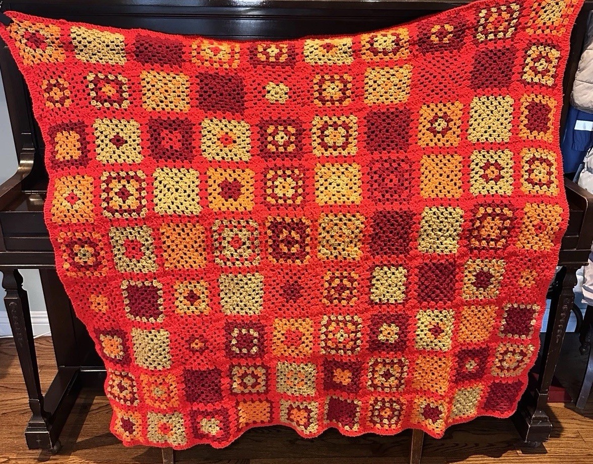 Vintage Hand Crocheted Granny Square Afghan Blanket Red & Orange 43” X 48” gallery