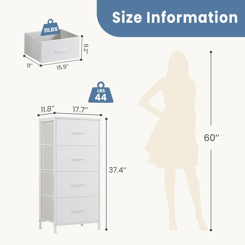 Nightstand 4 Drawer Bedside Table Fabric Bins Steel Frame White CAB-4BC DUMOS gallery