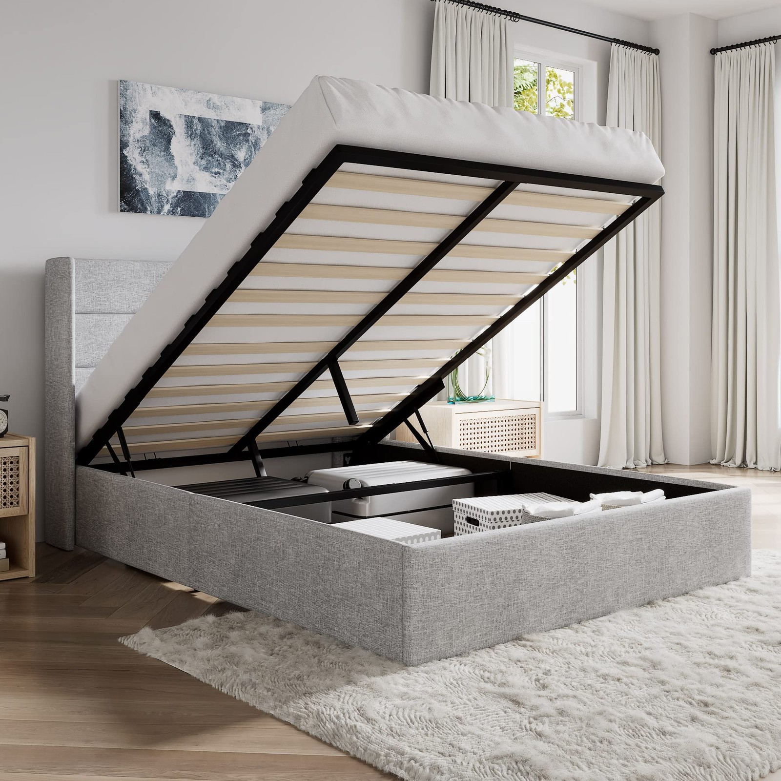 SHA CERLIN Queen Size Lift Up Storage Bed/Modern Wingback Headboard/Upholstered gallery