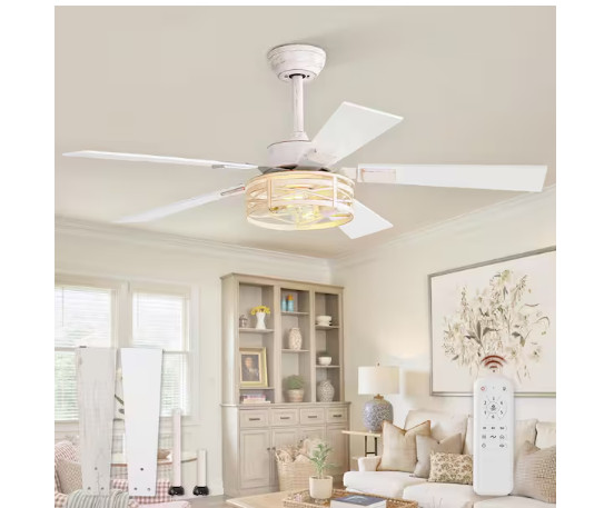 MOKSILED 48 in. Farmhouse Rustic Caged DC Motor White Ceiling Fan with Remote gallery