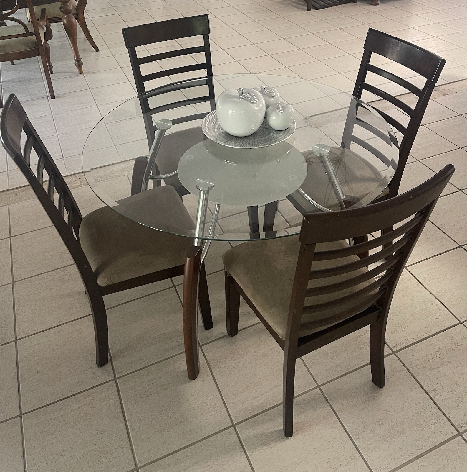 Round Glass Top 5-Piece Dining Table Set w/ 4 Dark Wood Chairs, Brown/Clear gallery