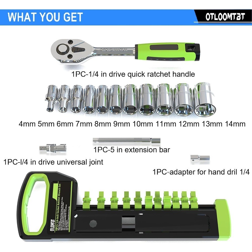 1/4 Inch Drive Socket Set 15-Piece Metric 4-14mm with Quick Release Ratchet gallery