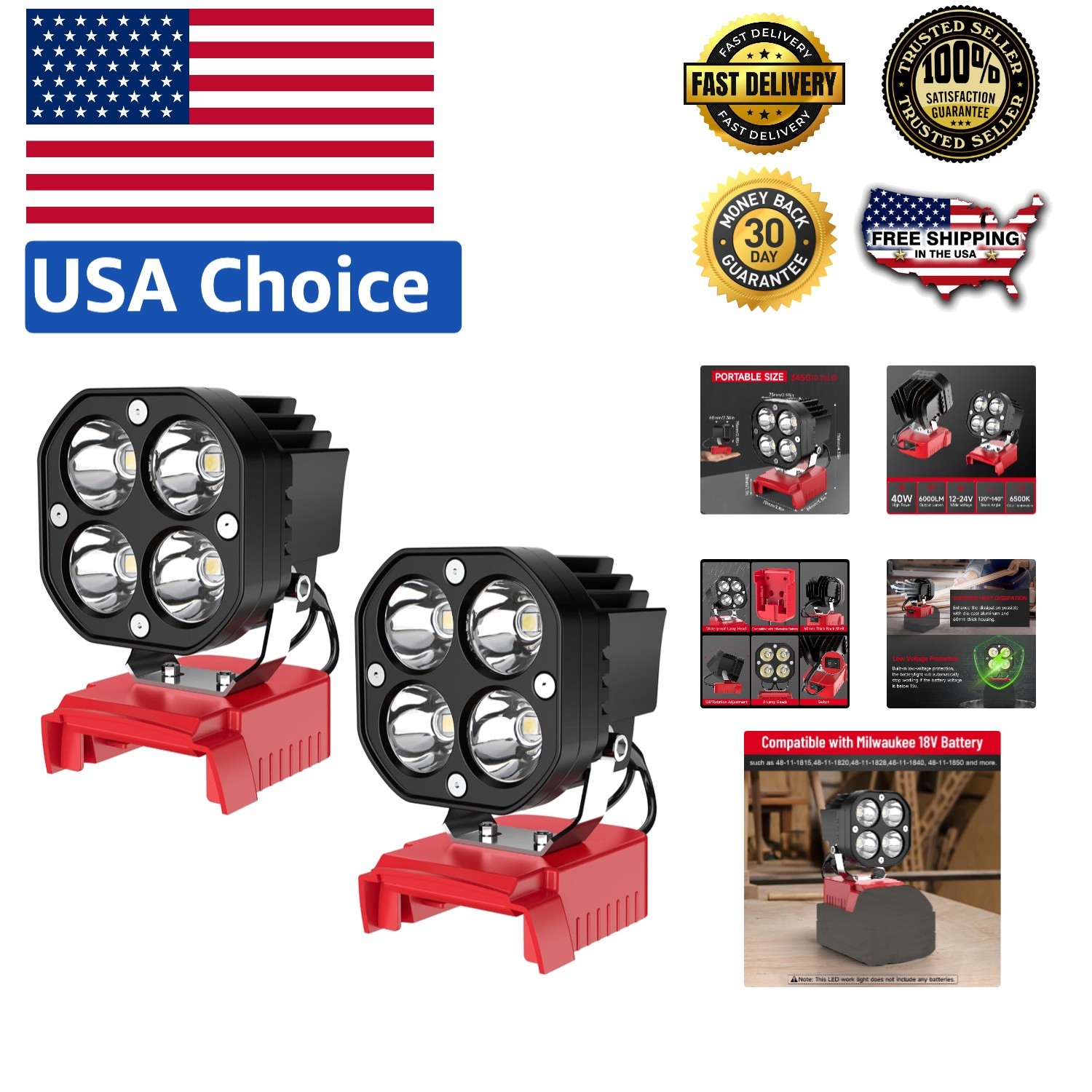 6000 Lumens LED Work Light - 2-Pack, 18V Battery Compatible with Safety Features gallery