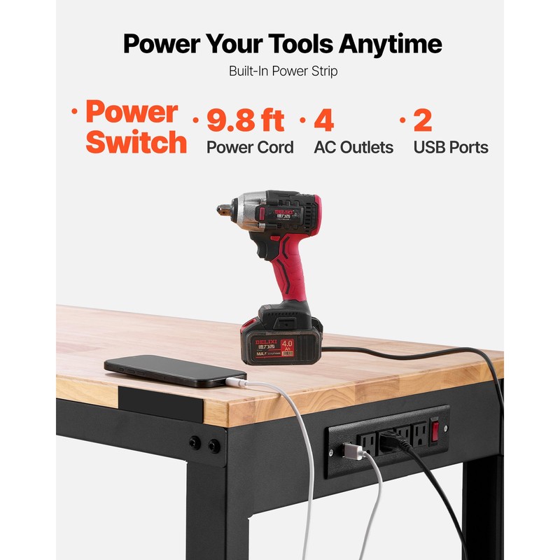 61"x 20" Adjustable Height Workbench 2000 lbs Oak Plank w/ Power Outlets 110V gallery