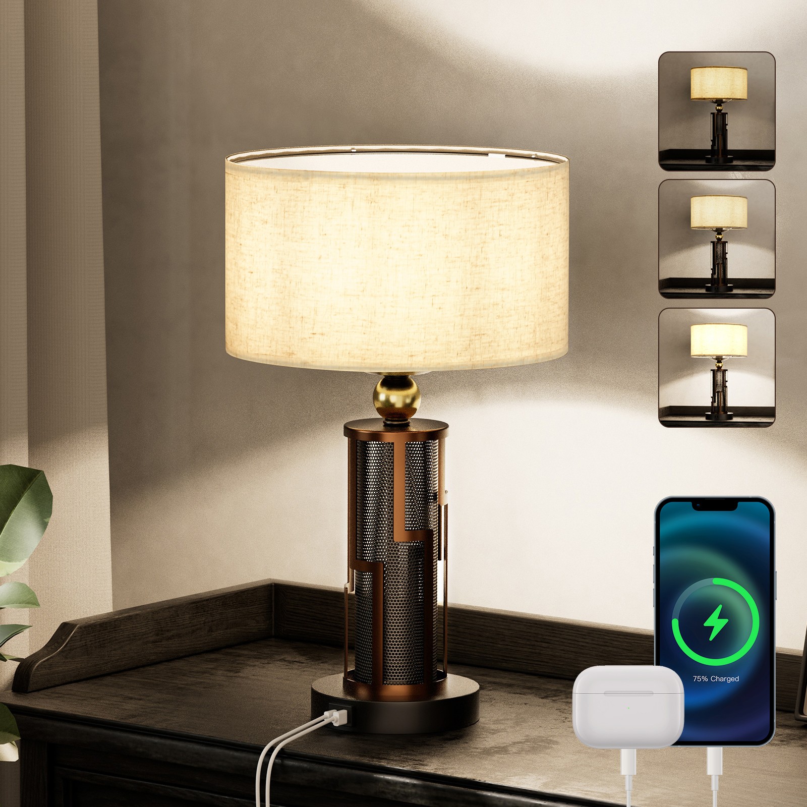 Bedside Desk Lamp Dimmable Touch Control Drum Shade Table Lamp LED Bronze Finish gallery