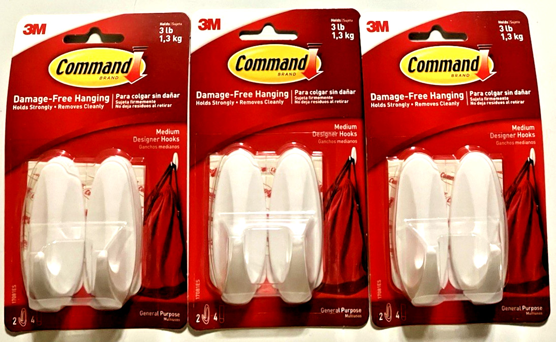 3M Command ~MEDIUM DESIGNER HOOKS~ 17081ES ~Lot Of 3~ WHITE ~ 3 lb Capacity ~NEW gallery