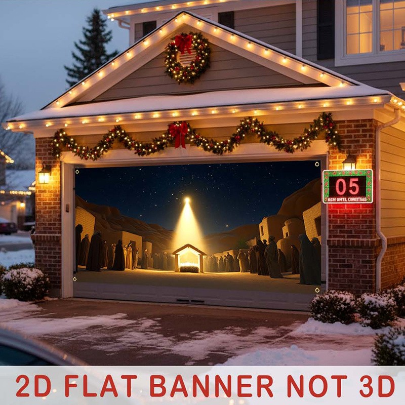2D Flat, Large 1pc 2D Flat Christmas Nativity Scene Garage Curtain - 157.5x70.8