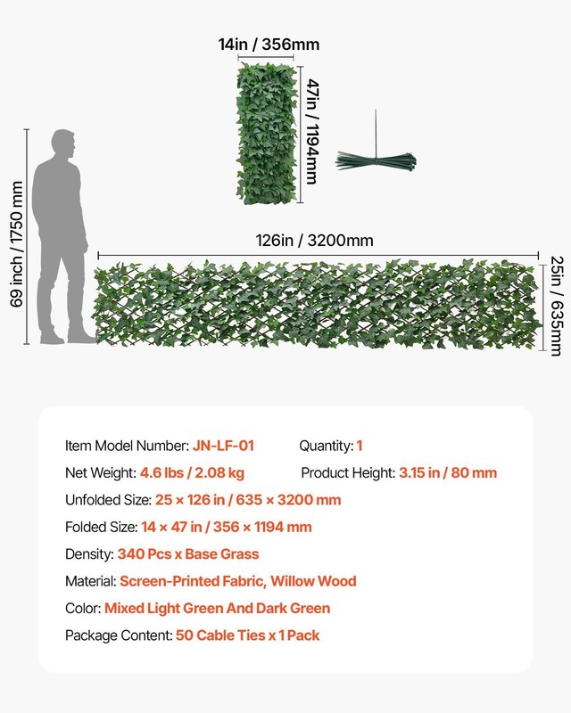 25x126in Expandable Artificial Greenery Screen with fifty Zip Ties Realistic gallery