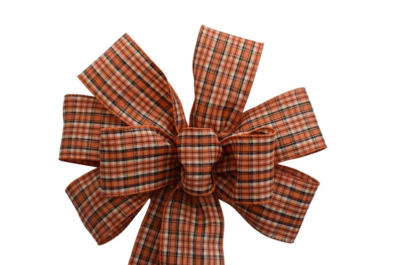 Large 10" Hand Made Bow - Wired Linen - Orange Rust Fall Plaid - Fabric Ribbon gallery
