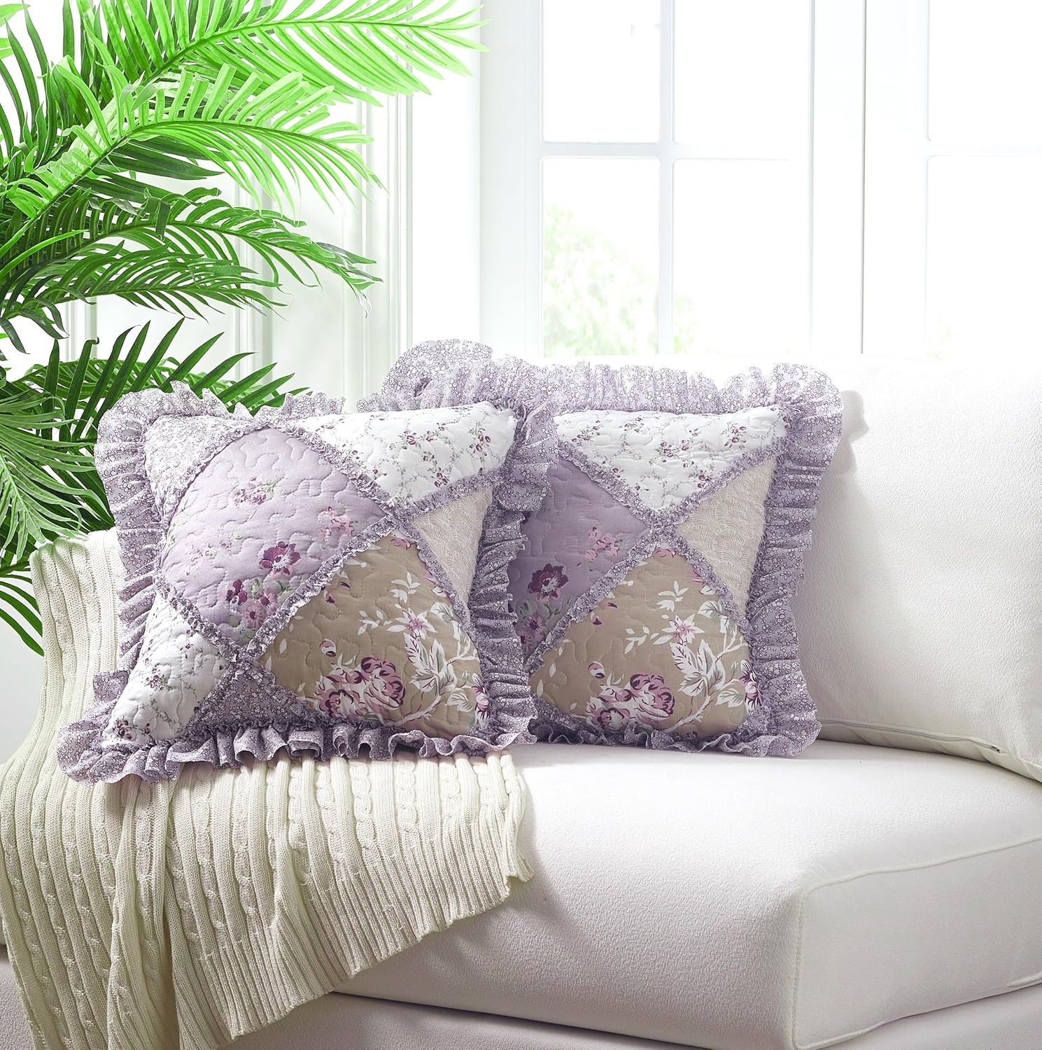 Lilac and Beige Rose Patchwork Ruffle Pillowshams, Quilted Decorative Pillow Cov gallery