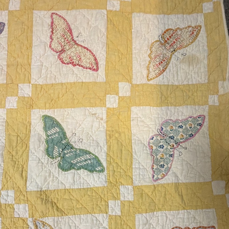 Patchwork Quilt Yellow & White w/ Multicolor Butterfly Squares Coverlet 63” x 73 gallery