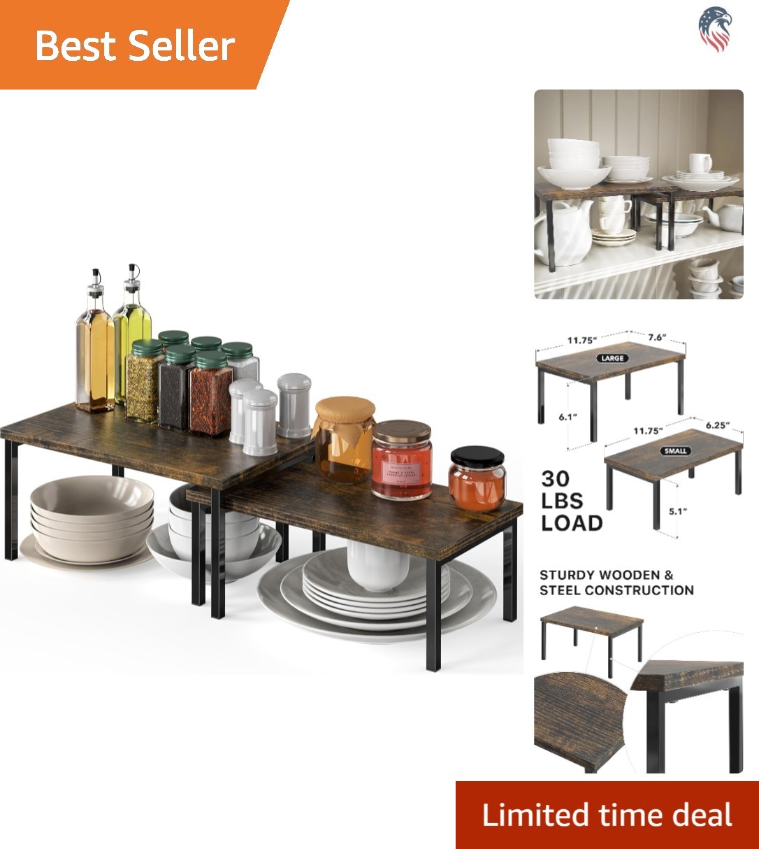 Expandable Stackable Cabinet Shelf Organizer Rustic Brown Engineered Wood Metal gallery