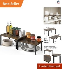 Expandable Stackable Cabinet Shelf Organizer Rustic Brown Engineered Wood Metal
