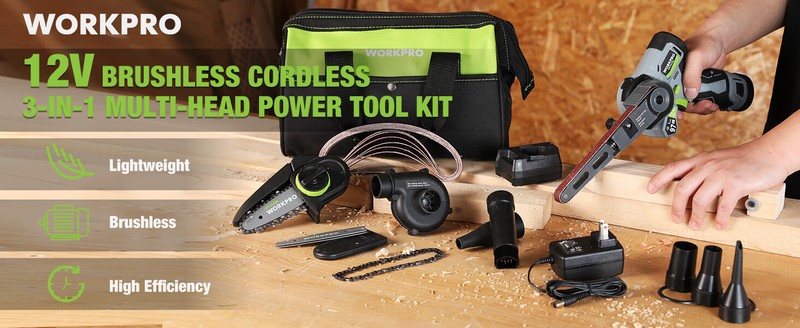 WORKPRO Cordless Detail Belt Sander Mini Chain Saw 3-in-1 Power Tool Combo Kit gallery