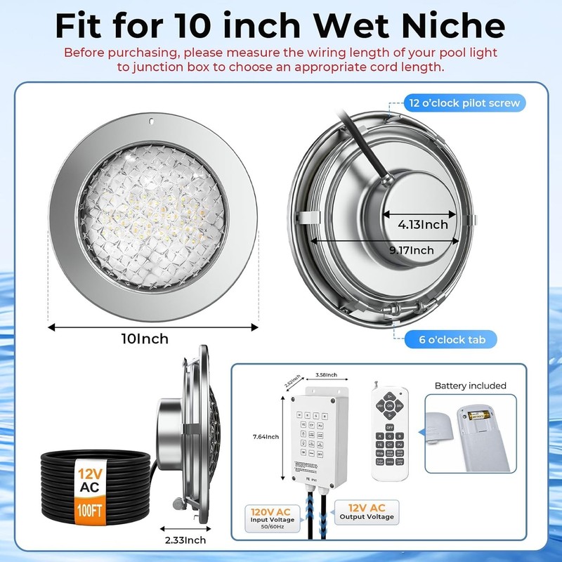 10 Inch Pool Lights for Inground Pool 100ft Cord 55W RGBW 12V AC gallery