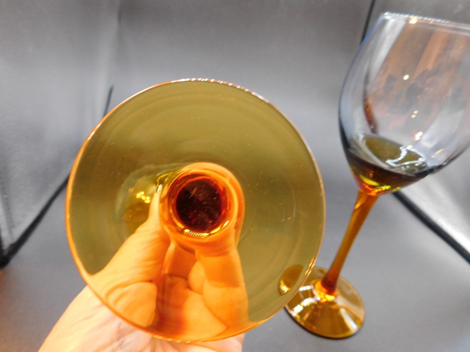 2 LONGSTEMMED GOBLETS, AMBER AND CLEAR. 9 1/4" TALL, 12 OUNCES gallery