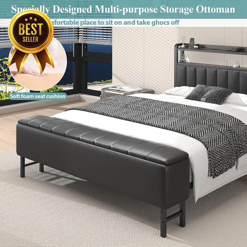 Full Size PU Leather Bed Frame w Star Projector & Charging Station Upholstered P gallery