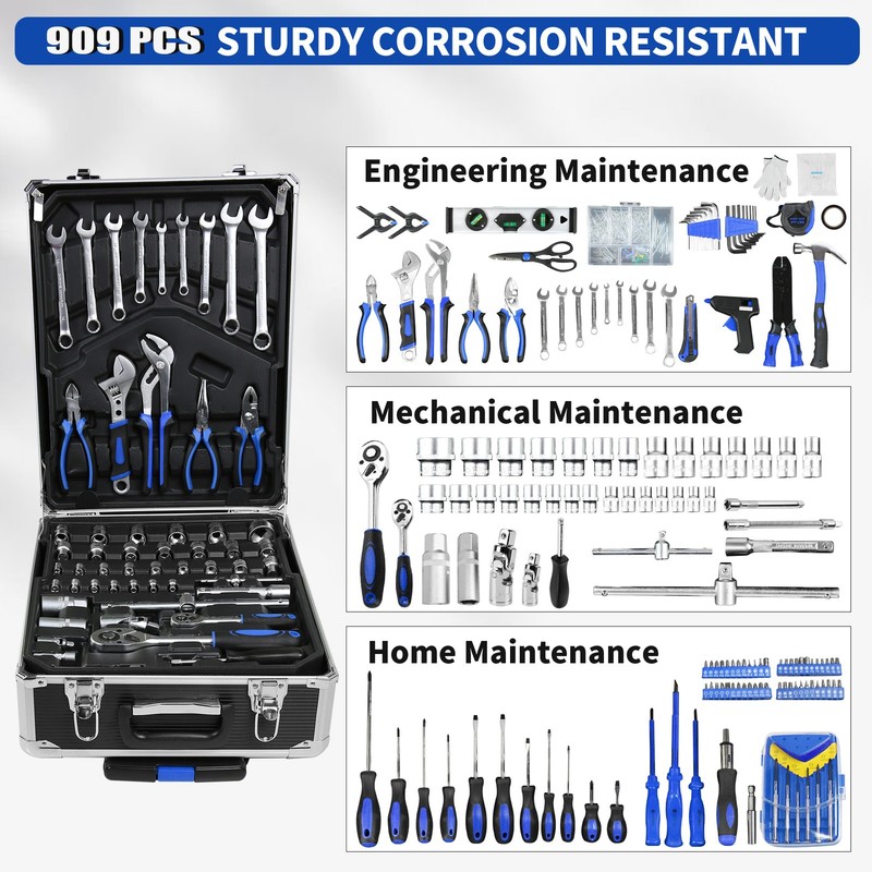 Tool Set Mechanics Tool Kit 910 PCS Wrenches Socket with Trolley Case Box Silver gallery