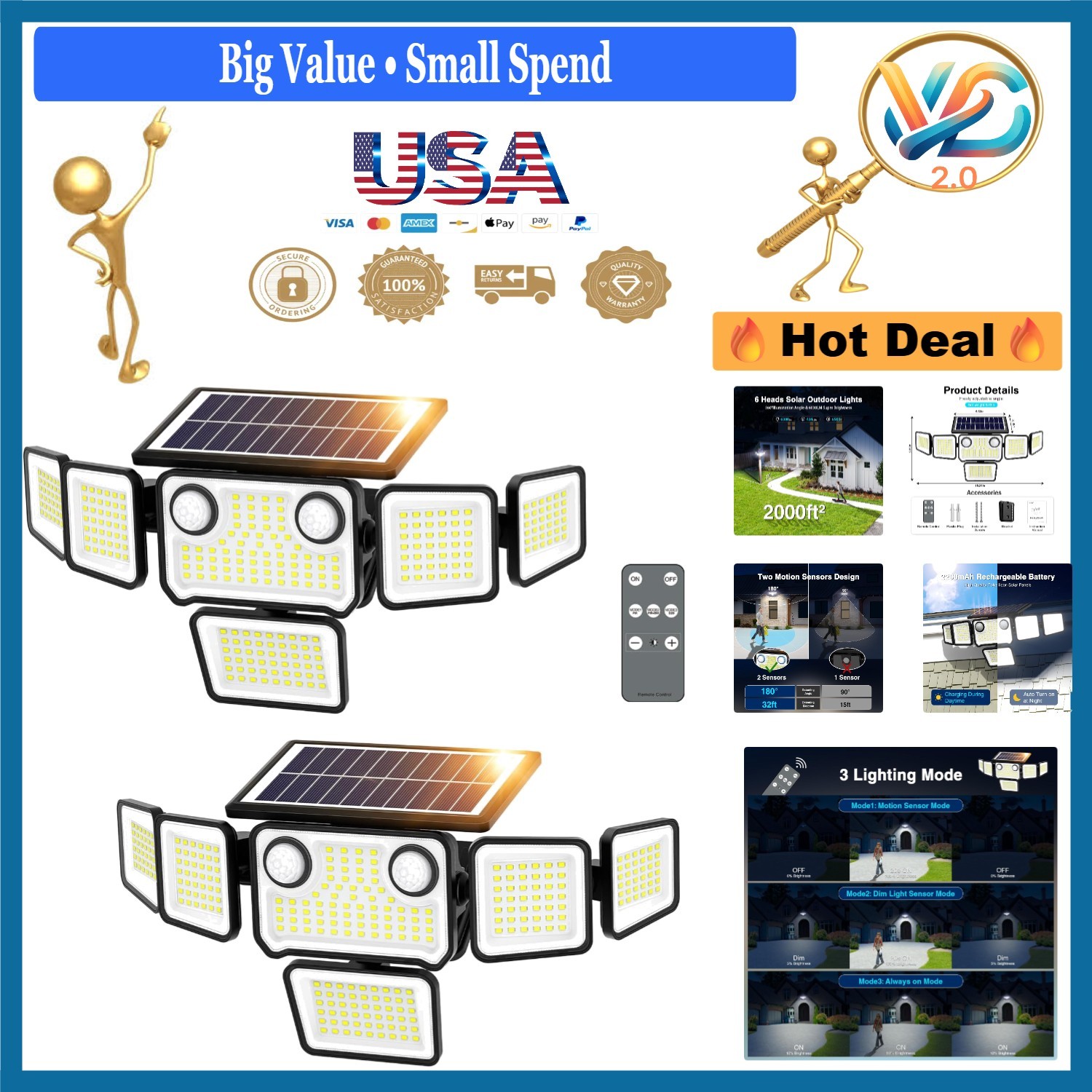 6000LM Solar Flood Lights 6 Heads Outdoor Waterproof with Remote 2 Pack gallery