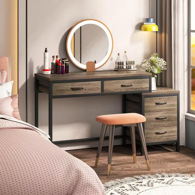 Cassey 51 In. Rectangular Industrial Gray Wood 5-Drawer Computer Desk, Reversibl gallery