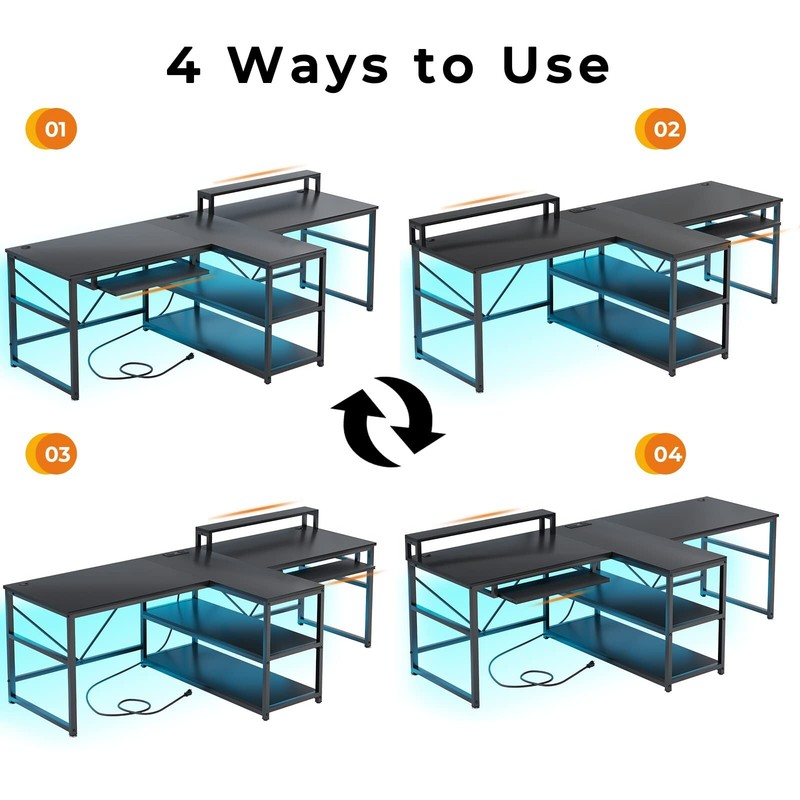 Home Office Work Table Black Computer Desk Two Person Gaming Desk with LED Light gallery