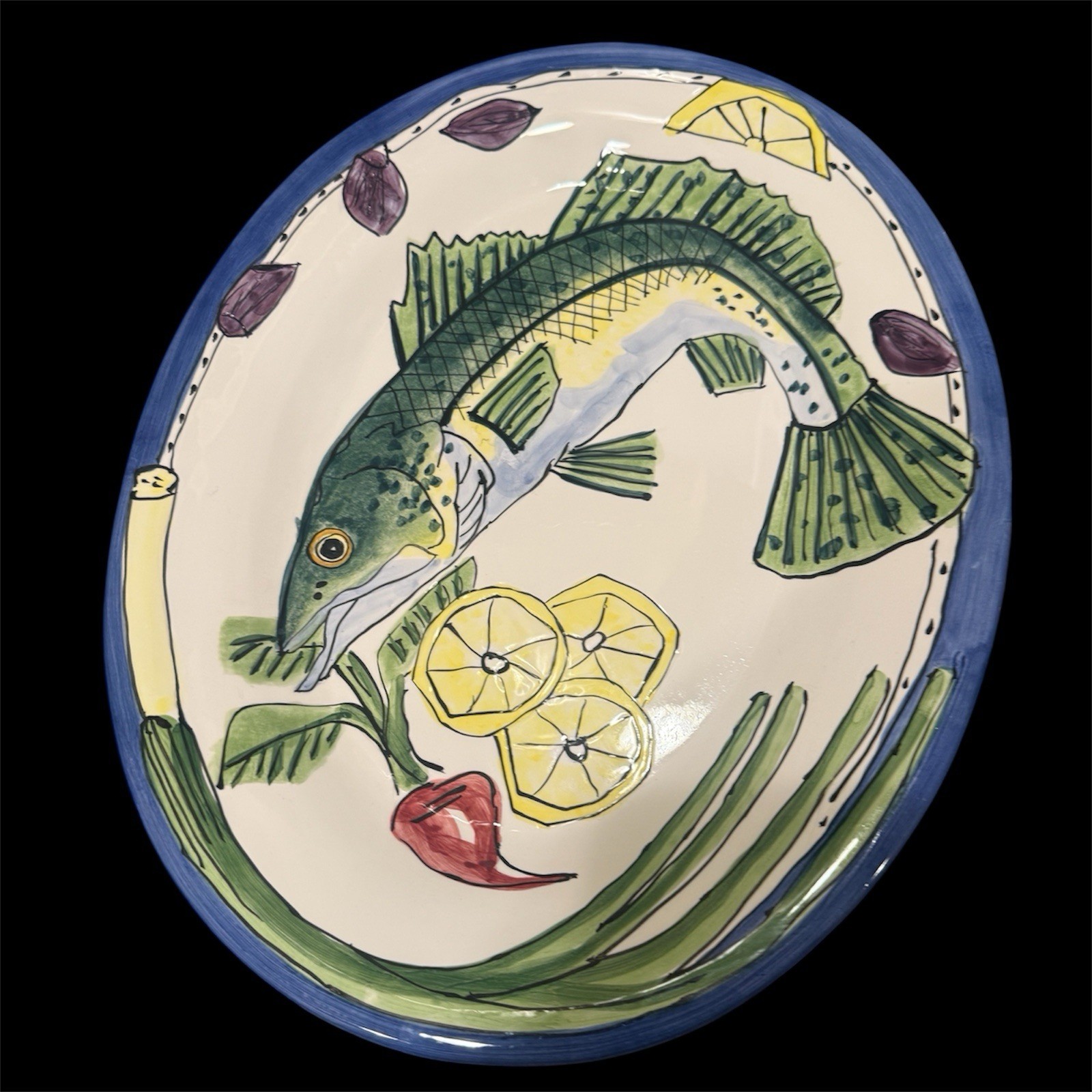 Vtg Lrg Serving Platter Handcrafted Fish Ceramic Tika Lotus Seafood Lemon Pasta gallery