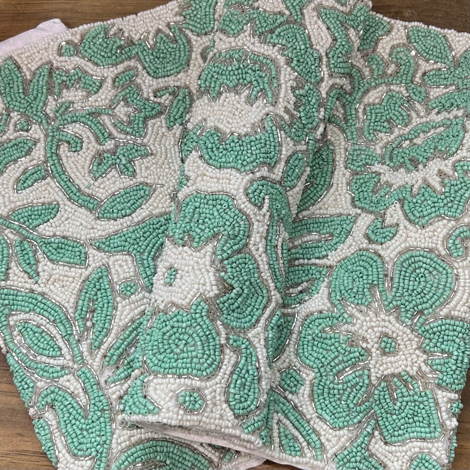 Jaipur in Bloom Beaded Table Runner Centerpiece 13 x 36 Aqua White Silver Floral gallery