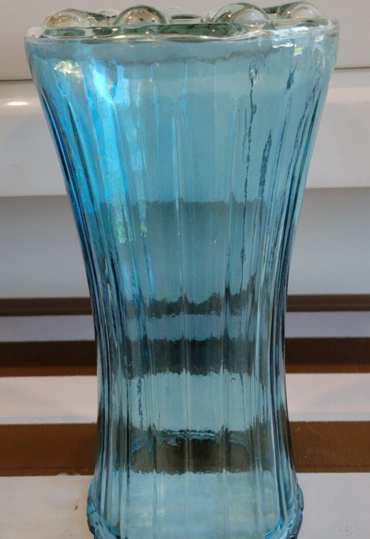 TEAL BLUE MULTIPANELED GLASS FLOWER VASE 9 INCHES DIAMETER 3.75 INCHES gallery
