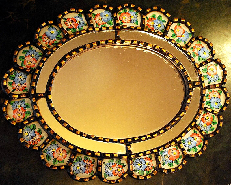 Vtg PERUVIAN CUZCAJA Wall Mirror REVERSE PAINTED FLORAL GLASS Gold Gilt Wood 15" gallery