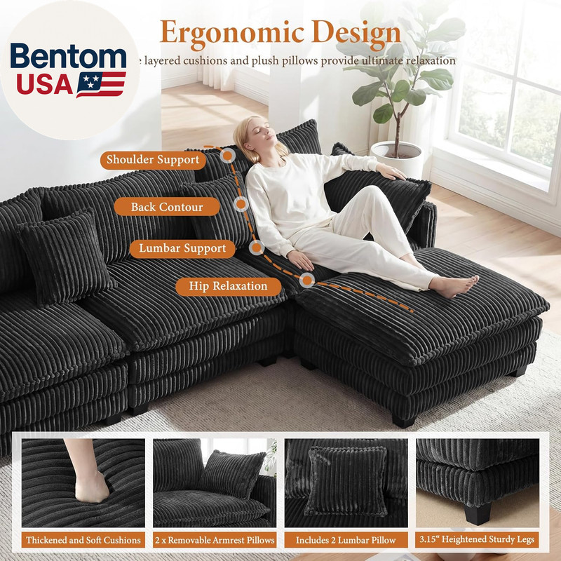 143" L Shaped Modular Sectional Couch, Comfy Corduroy Upholstered Cloud Couches gallery