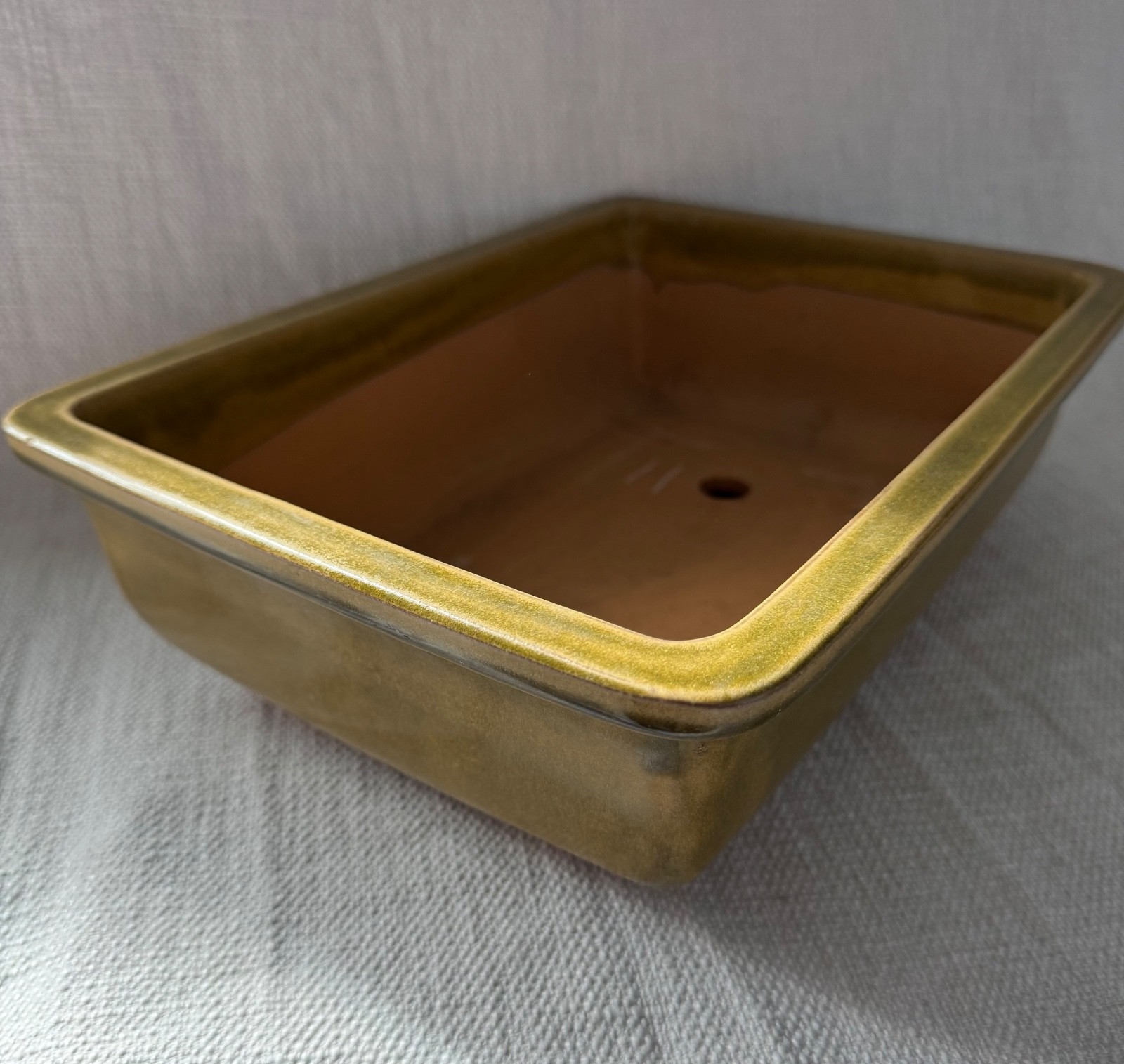 LARGE vintage Japanese rectangle bonsai pot 12.75” x 9” RARE green-yellow glaze gallery