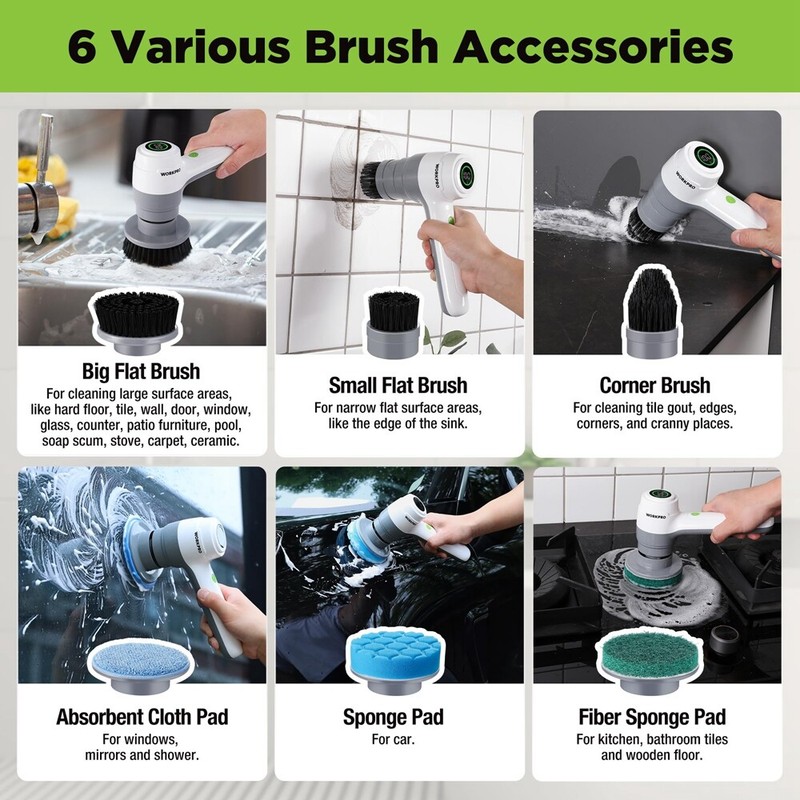 WORKPRO 8V Electric Spin Scrubber 3-Speed Adjustable Shower Scrubber with 6 Head gallery