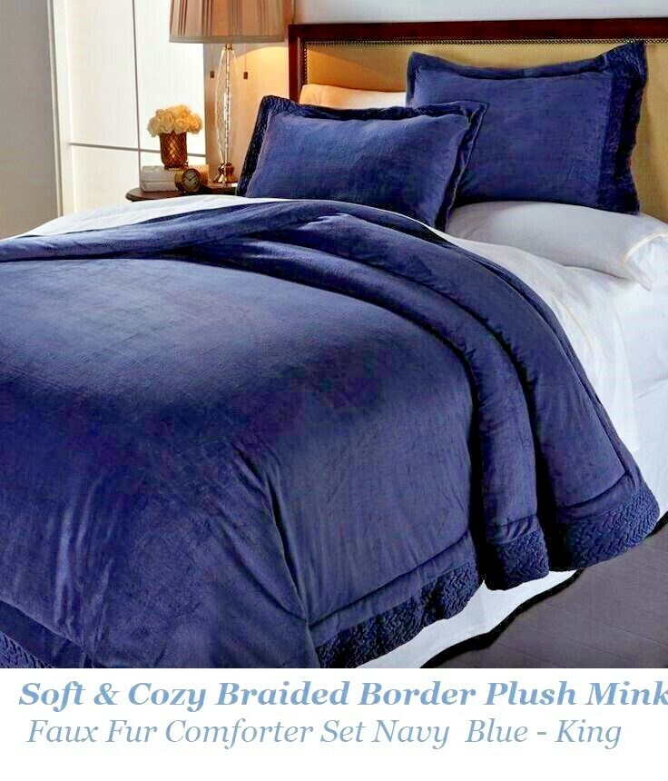 Soft & Cozy Braided Border Mink Faux Fur Plush Comforter Set Navy Blue - King gallery