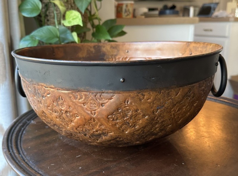 Embossed Rustic Metal Riveted Decorative Bowl With Handles HTF gallery